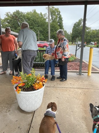 Several people standing around the front of the church with their dogs